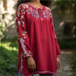 Johnny Was Vanessa Cupra Red Embroidered Boho Tunic Blouse Long Sleeve SZ Small